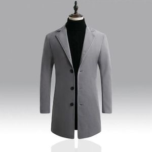 Kore tarzı erkekler trençkot yaka düğmeleri yünlü ceket rahat palto ceketler erkekler sıcak uzun dış giyim bahar rüzgar kırıcı 240117