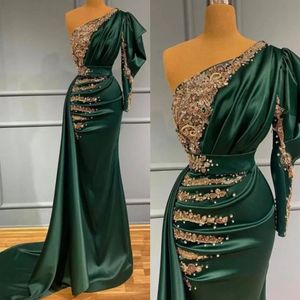 Charming Satin Dark Green Mermaid Evening Dress with Gold Lace Appliques Pearls Beads One Shoulder Pleats Long Formal Occasion Gow204w
