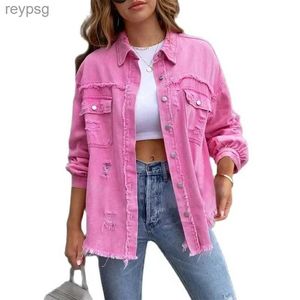 Damen Leder Kunstleder 2023 Löcher Rohkanten Jeansjacke Frauen Frühling Herbst Hemd Stil Jeancoat Casual Top Rose-Rot Orange Lila Oberbekleidung Damenmantel YQ240116