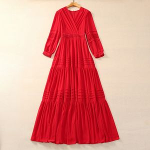 2024 Spring Black / Red Solid Color Panelled Dress Long Sleeve V-Neck Long Maxi Floor Length Casual Dresses S3N121109