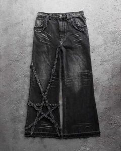 Herrenjeans High Street Retro-Jeans mit Sternen und Pelz, Herren Y2K Goth Harajuku Mode, hoch taillierte Baggy-Jeans, lässige Hose mit geradem Bein und weitem Bein T240117