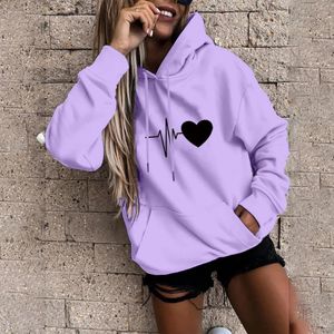 Moletons femininos manga longa blusa esportiva outono moda coração impressão hoodies topos sólido casual solto moletom com capuz 240116