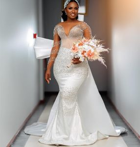 2023 arabo Aso Ebi 3 pezzi avorio sirena abiti da sposa in rilievo cristalli staccabile treno paillettes pizzo abiti da sposa in raso abiti ZJ2014