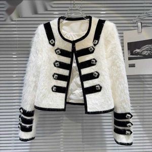 Jaquetas femininas moda inverno high-end lantejoulas para baixo forro de penas manga longa casacos curtos feminino tripulação pescoço cor sólida topos