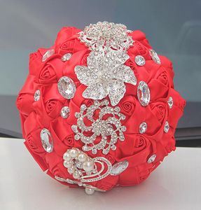 Red Wedding Buquets Rose Artificial Sweet 15 Quinceanera Bouquet Crystal Silk Ribbon New Buque de Noiva 37 Colors W228B 8613522