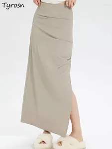 Saias estilo europeu carga maxi mulheres lado-slit sexy chique streetwear moda all-match puro elegante senhora vintage casual verão