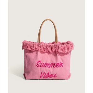 Original Pink Summer Vibes Canvas Rope Tote Designer Large Capacity Handbag Women Beach Bag Casual Tote 240116