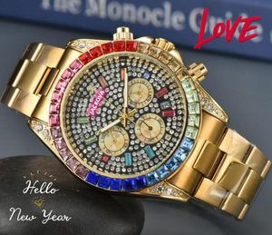 Top Brand Luxury Mens Watches Stopwatch Quartz Battery Movement Chronograph Clock Colorful Diamonds Ring Shinning Starry Dial no-mechanical wristwatch Gifts