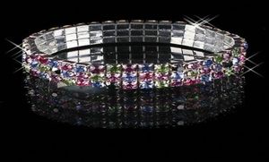 Bonito Pulseira Colorida Bling Bling 3 Row Multicolor Strass Pulseiras Stretch Bangle Prom Noite Festa de Casamento Jóias Bridal5201693