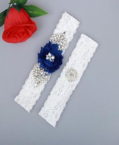 2 Pieces Set Bridal Garters Lace Wedding Belt Set Pearls Handmade Royal Blue Chiffon Flower Rhinestones Vintage Prom Gift Cheap In5706971