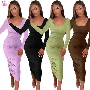 Casual Dresses SUSOLA Lady Long Sleeve Square Collar Bodycon Ruched Green Maxi Autumn Winter Women Backless Pleated Party Club Clothing