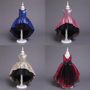 2019 Gold Sequins High Low Designer Kids' Dresses Formal Flower Girl Dress Jewel Sleeveless Big Bow Sash Black Tulle Pageant 2773