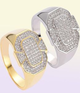 Blingande CZ -ringar för män geometriska hiphop guld silver pläterade smycken isade ut full diamantring7017883
