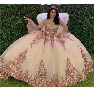 Rose Gold Sparkly Quinceanera Prom Dresses 2022 Modern Sweetheart Lace Applique Sequin Ball Gown Tulle Vintage Evening Party340U