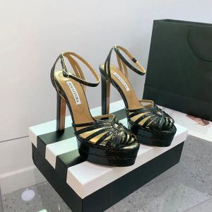 2024 Toppkvalitet Aquazzura High-Heel Ankle Strap Platform Heels Sandaler Pumpar 13mm Gold Sier Chunky Block Dress Designer Party Wedding Shoes