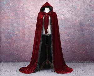 Wine Red Black Velvet Hooded Cloak Wedding Cape Halloween Wicca Robe Coat Christmas Medieval Velvet Hooded Cloak Wicca Witchcraft6151026