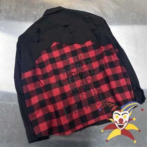 Men's Casual Shirts Worn Patchwork Black Red Plaid Shirt Men Women Vintage Flannel Casual Shirtsyolq