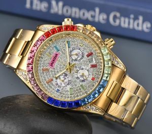 Famosi orologi militari da uomo di grandi dimensioni con funzionalità complete Anello di diamanti colorati Quadrante stellato brillante Orologio giorno data Cronografo Movimento al quarzo Presidente Orologio da polso regali