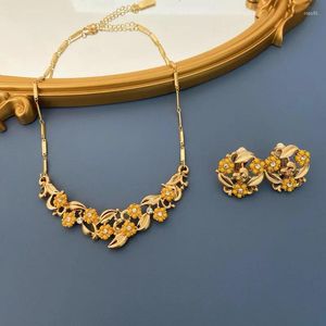 Anhänger, Vintage-Schmuck, Diamant-Set, Blumen-Ohrringe, Halskette, königlicher Stil, Gelb