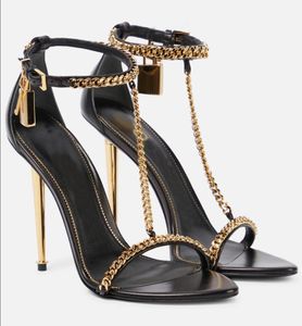 Italy Design TomXford Padlock Sandals Shoes Women T-Strap Chain Leather Gold Metal Stiletto Heel Party Wedding Lady Sexy Sandalias EU35-43