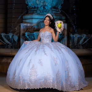 Sky Blue Off Shoulder Quinceanera Dress Prom Dress Floral Applique Lace Beads Tull Princess Dress Sweet 15 Year Old Party Dress