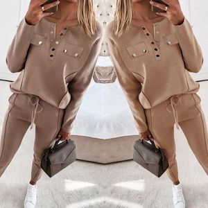 Women's Two Piece Pants 2024 Spring V Neck Buttoned Pocket Loose Long Sleeve Sweatshirts Women Training Suit Drawstring Fitness Set
