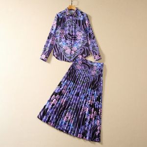 2024 Spring Purple Paisley Print Two Piece Dress Set Long Sleeve Lapel Neck Beaded Blouse + Pleated Mid-Calf kjol Set Two Piece Suits S3S200921