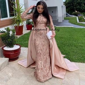 Arábia Saudita Mangas Compridas Sereia Vestido de Noite Muçulmano com Trem Destacável Rose Gold Hunter Lantejoulas Kaftan Dubai Prom Formal Dres339Y