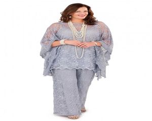 2022 Silver Lace Mother of the Bride Pant Suits Long Sleeves Three Pieces Formal Plus Size Gray Groom Mother Women Guest Dresses f2544603