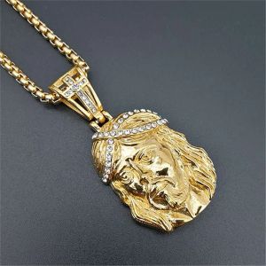 Hiphop halsband 14k gult guld isped kedjor kors Jesus huvudhänge halsband för män/kvinnor gåvor