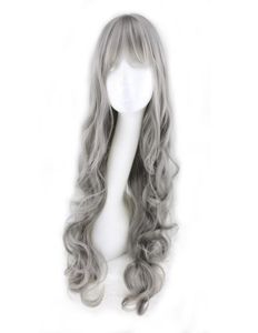 WoodFestival grey wig with neat bangs long curly synthetic natural wavy wigs grandmother gray hair women3723387