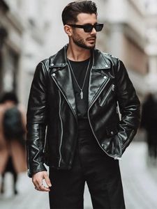 Solid Zipper Motorcycle Men's Leather Jacket Square Collar Street Overcoat Male Winter Fashion Handsome Clothing Men 240116
