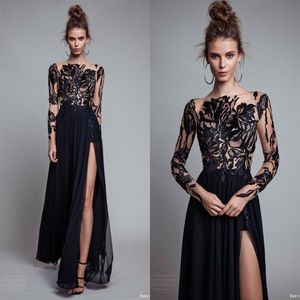 Elegant Black Lace Applique Evening Dresses With Illusion Long Sleeve 2017 Chiffon Floor Length Side Split Prom Dresses Formal Par292I