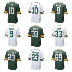 Fußballtrikot Love 10 Aaron Jones 33 Alexander 23 Christian Watson 9 Gary 52 Bakhtiari 69 Grün, Weiß und alternative grüne Farbe, Herrengröße S-XXXL, genähte Trikots