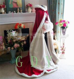 Winter Fur Bridal Wraps Jackets with Hat Red and White Floor Length Two Pieces Long Wedding Cloak Capes Bolero 6018724