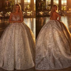 Prinzessin Ballkleid Brautkleider Sheer O Neck Luxuriöse glitzernde Pailletten Brautkleider Open Back Maßgeschneidertes Brautkleid