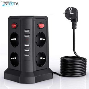 Power Cable Plug Vertical Power Strip Circuit Surge Protection EU Plug Electrical USB Socket Tower 8 Way DE Switch Outlets 2m Extenstion Cord YQ240117