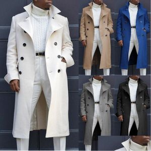 Men'S Trench Coats Mens Notch Lapel Coats Double Breasted Long Trench Coat Casual Cotton Blend Peacoat Fashion Autumn Winter Drop Deli Dhplg