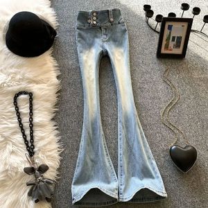 Fashion Blue Personality Button Micro Fleared Jeans Vintage Streetwear Washed Slim Fit Sexy Babes Straight Leg Casual Pants 240116