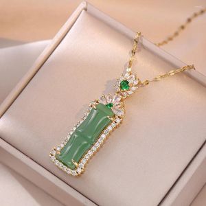 Anhänger Halsketten Edelstahl Kette Klassische Grüne Stein Zirkon Bambus Halskette Für Frauen Dame Schmuck Tägliche Party Zubehör Geschenke