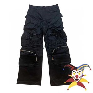 Men's Jeans Black Nylon Multi pocket zipper Cargo Pants Men Women Adhesive Pressed Zipper Straight Leg Pants Trousersyolq