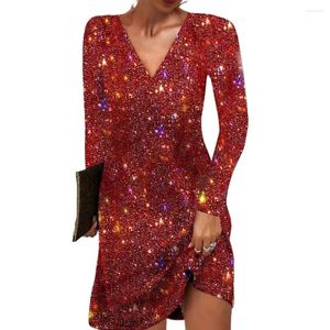 Casual Dresses Women Dress Shiny Sequin Loose Long Sleeve Pullover Elastic Above Knee Length Party Club Mini