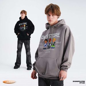 LAWFOO Autumn and Winter New China-Chic Brand Men's Heavy Weight Cartoon Printing Brushed Thick Hooded Tröja Men Loose