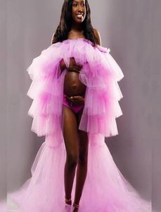 最新のピンクのチュールラッフルマタニティドレスPOシュート妊娠中の女性ポグラガウン着物イブニングプロムローブバスローブスリープウェア5880612