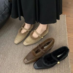 Dress Shoes 2024 Winter Warm Fur Furry Mary Jane Pumps Brand Women Square Mid Heel Fashion Lady Elegant Plush Female Loafer