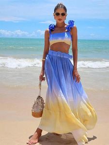 Work Dresses Casual Color Blocking Crop Top Maxi Skirt Set Women Fashion Sleeveless Sling Belt Suit Lady Elegant Vacation Beach Outfit