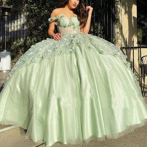 Sage Green Ball Gown Quinceanera Dress 3D Flower Corset Lace Appliques Beaded Sweet 16 Dress Court Train Vestidos De 15 Anos