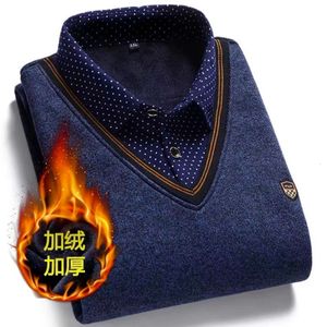 Outono/inverno masculino falso camisola de malha de duas peças com pelúcia grosso bordado gola polo pulôver para topo quente 240117