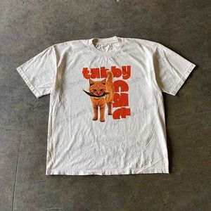 メンズTシャツY2Kメンズシャツサマーハラジュクストリートアパレルオレンジキャットプリントクラシックショートスリーブスリムフィットトップ女性TシャツT240117