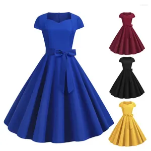 Casual Dresses Party Dress Retro Princess Style Midi With V Neck Belted Bow Decor A-line Big Swing Tight High Waist Solid Color Short